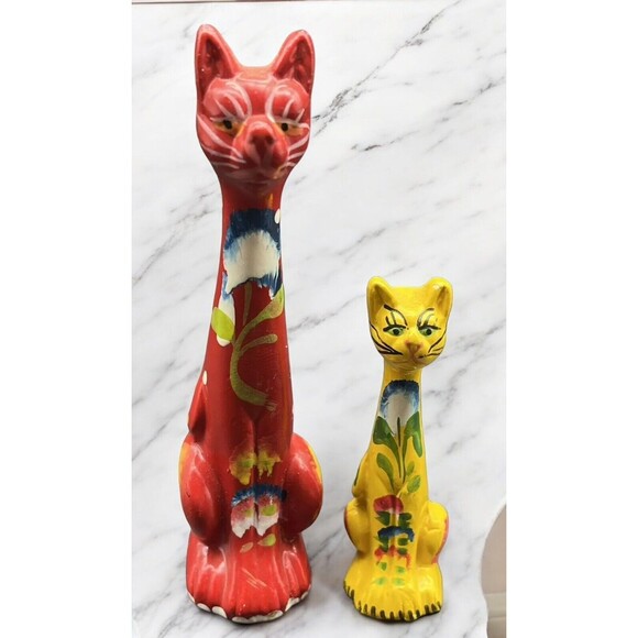 Folk Art Hand Painted Long Neck Cat Figurines 4” & 2.5” VTG MCM Anthropomorphic - Picture 2 of 16